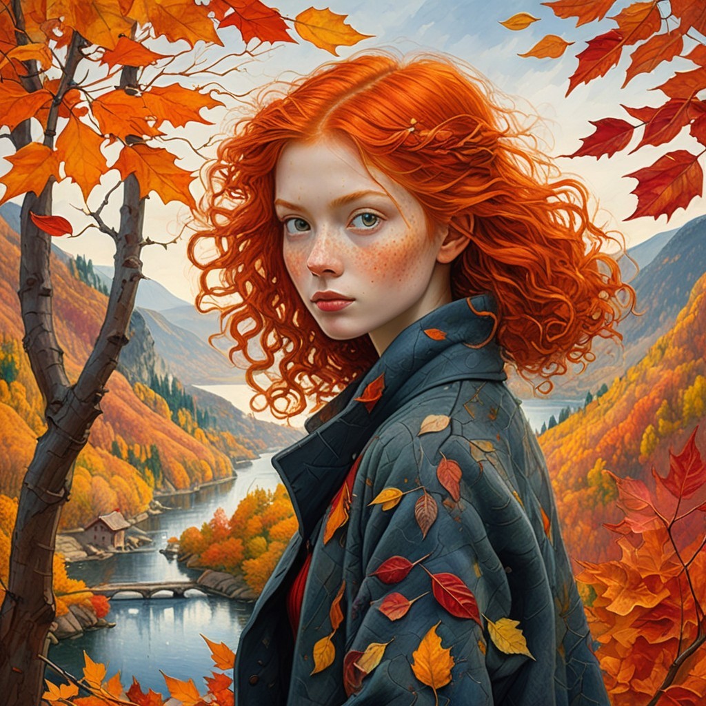 Young woman with red hair in autumn landscape scene