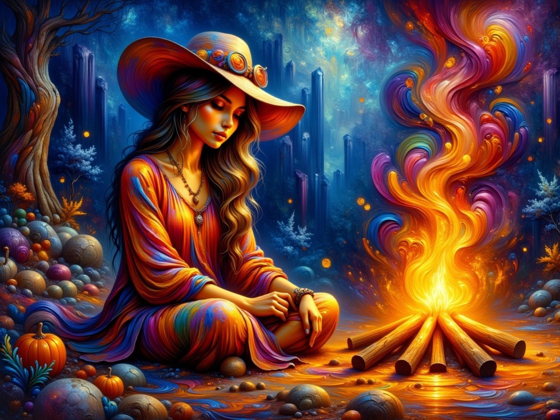 Serene figure by vibrant campfire under starry sky