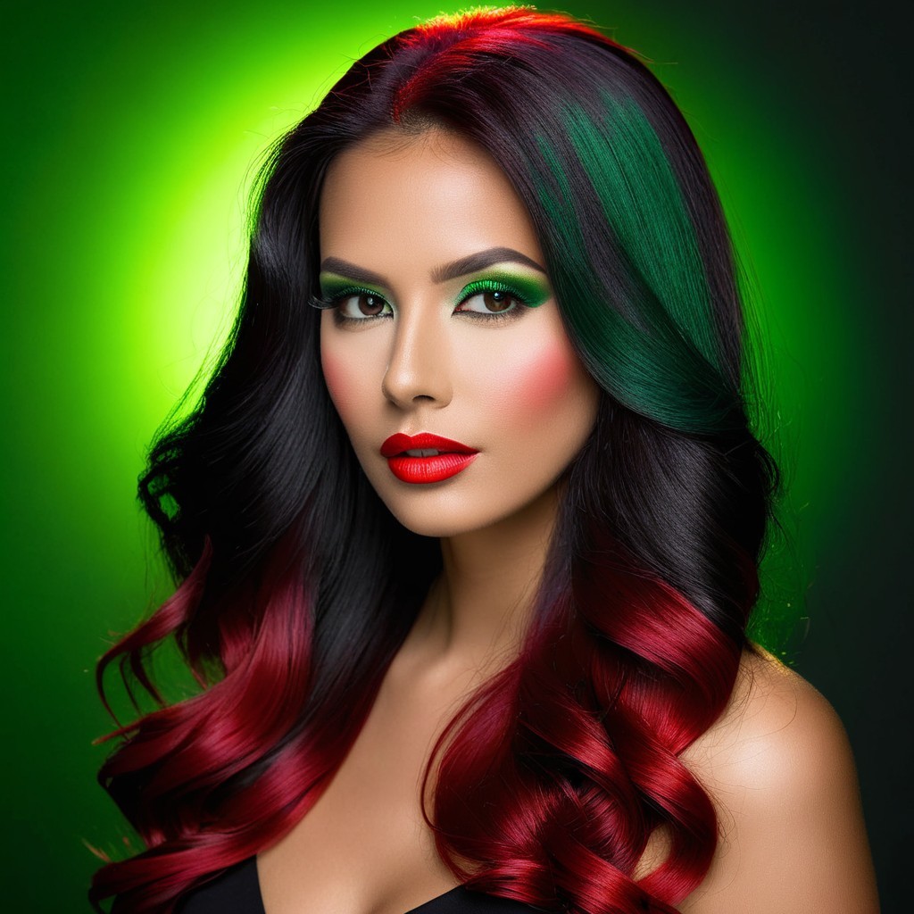 Portrait of a woman with vibrant hair and bold makeup