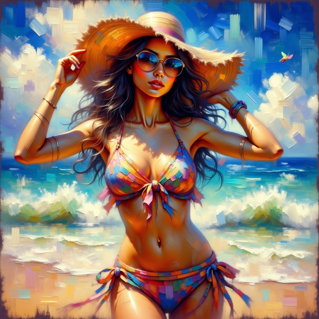 Long-haired woman in vibrant bikini at colorful beach