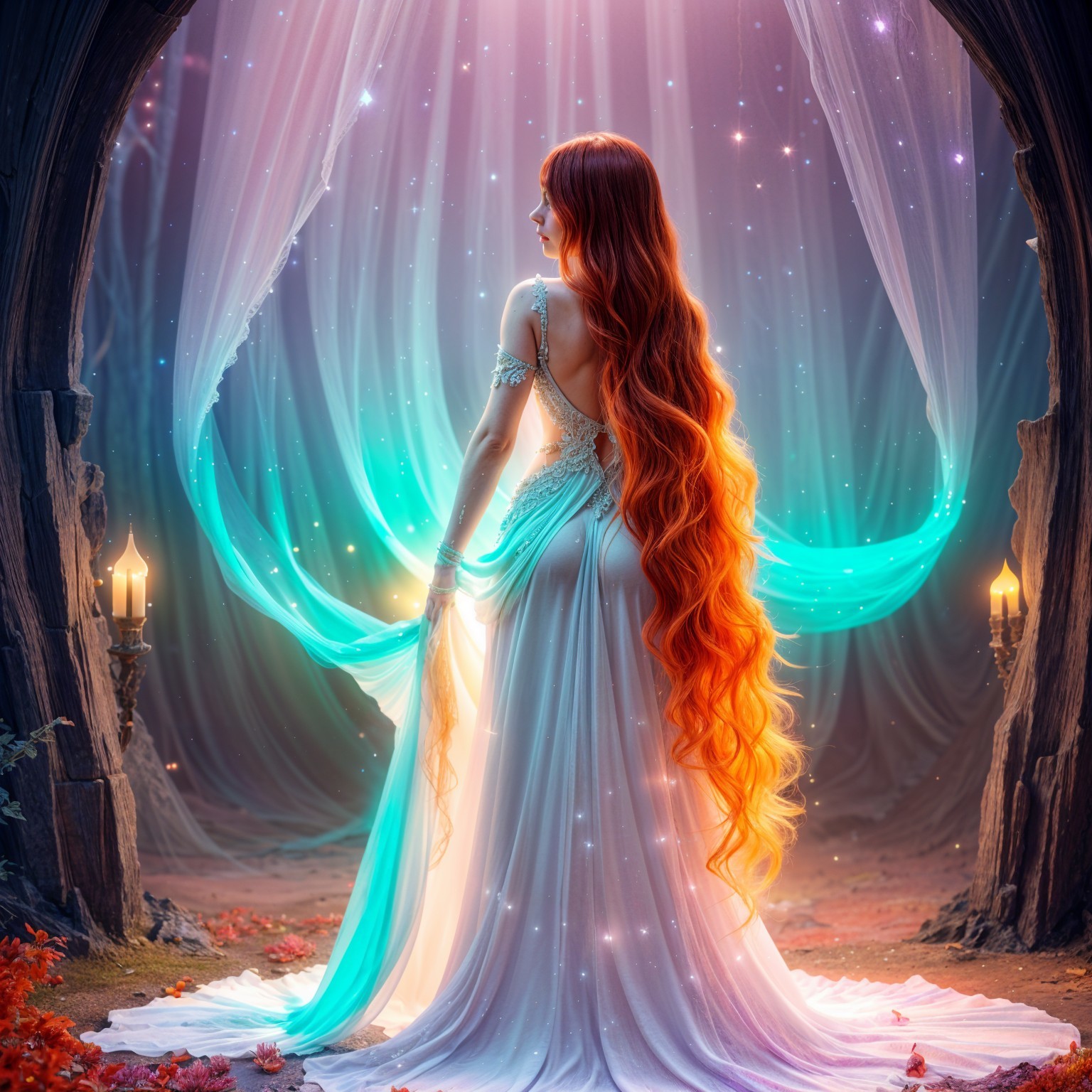 Elegant figure in shimmering gown with radiant hair