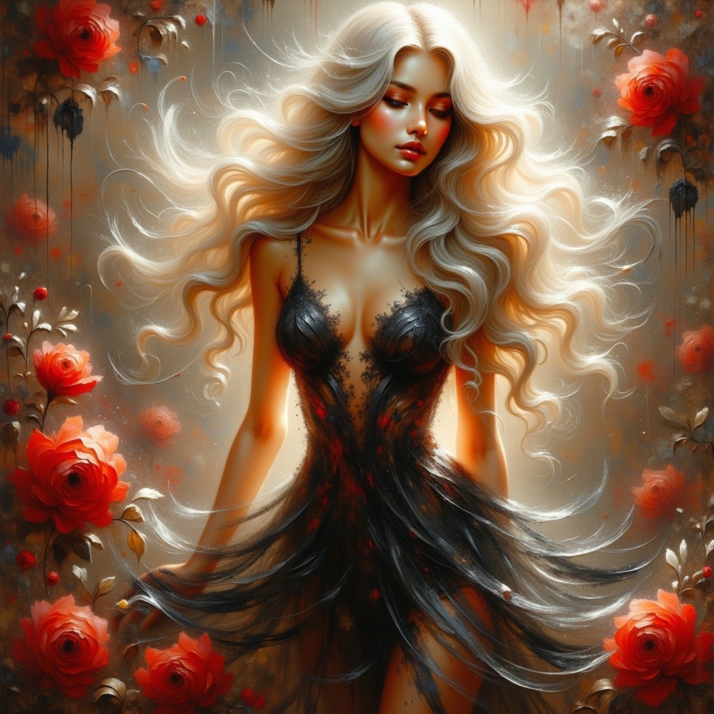 Luminous Painting of a Slender Woman in Elegant Gown