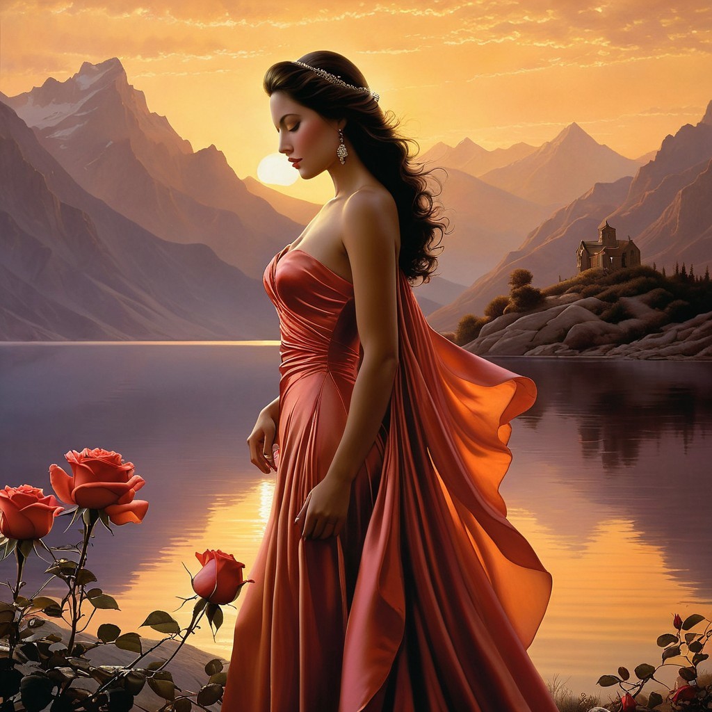 Woman in red gown by tranquil lake at sunset