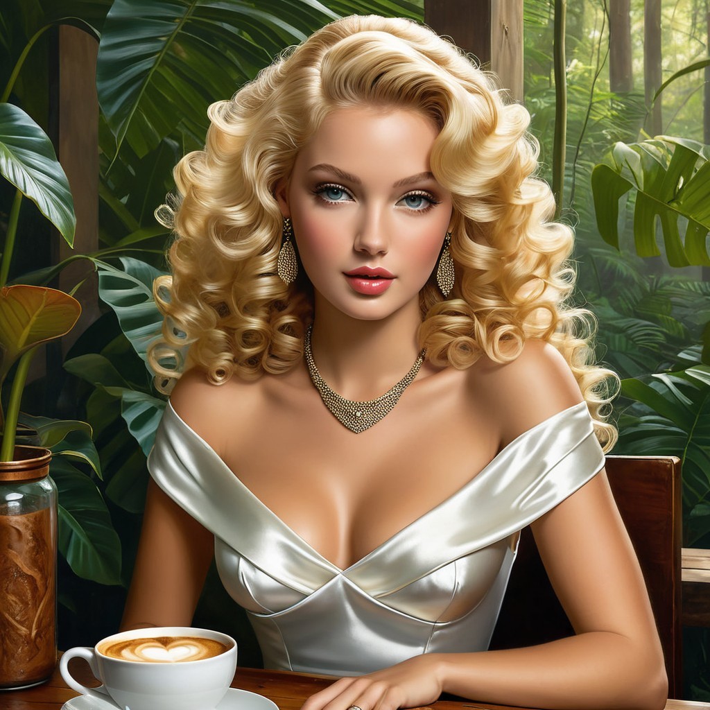 Glamorous Woman in Silver Dress with Latte and Foliage