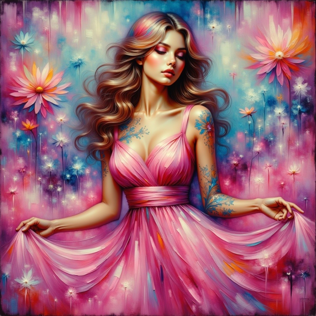 Portrait of a woman in pink dress among vibrant flowers