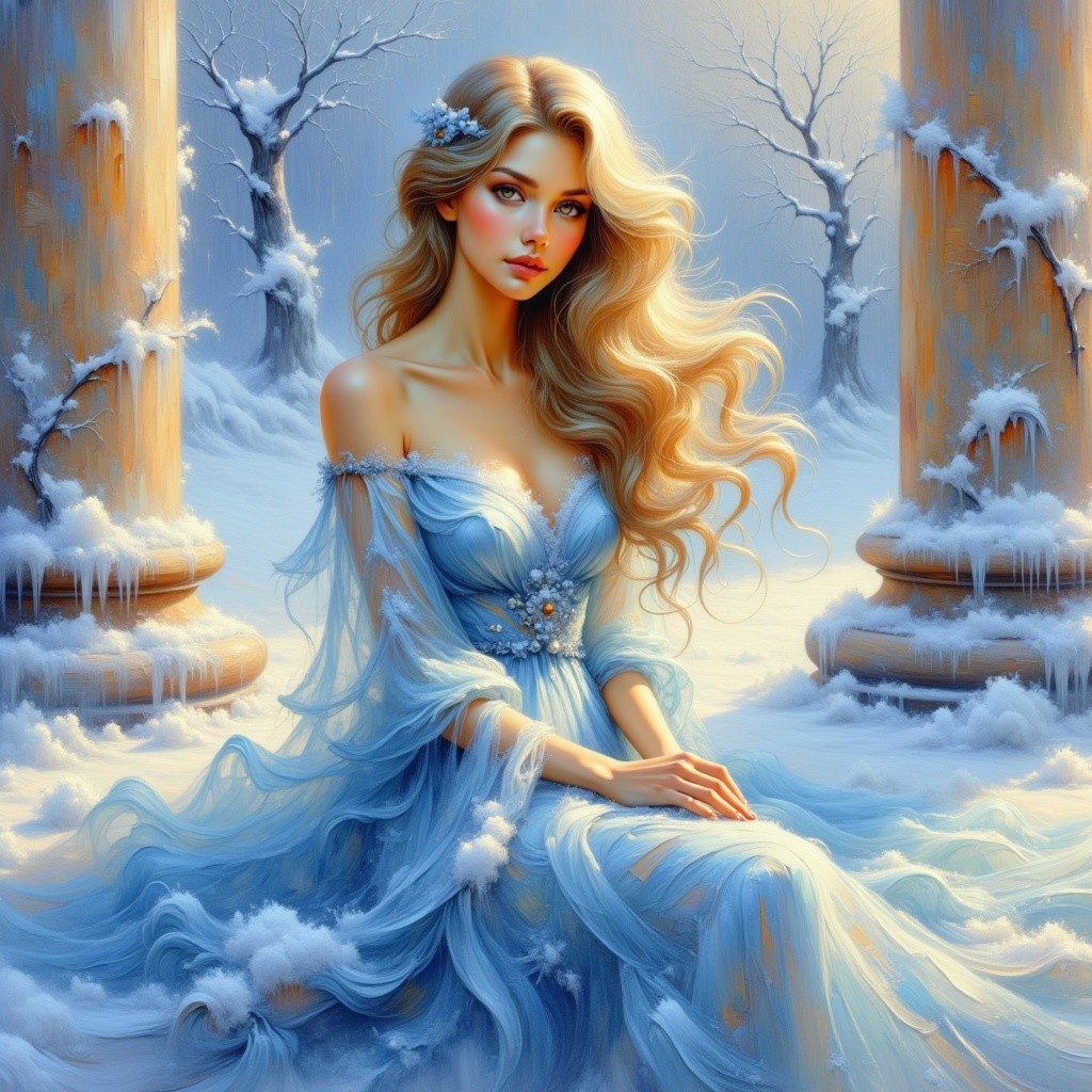 Serene Winter Scene with Young Woman in Blue Gown