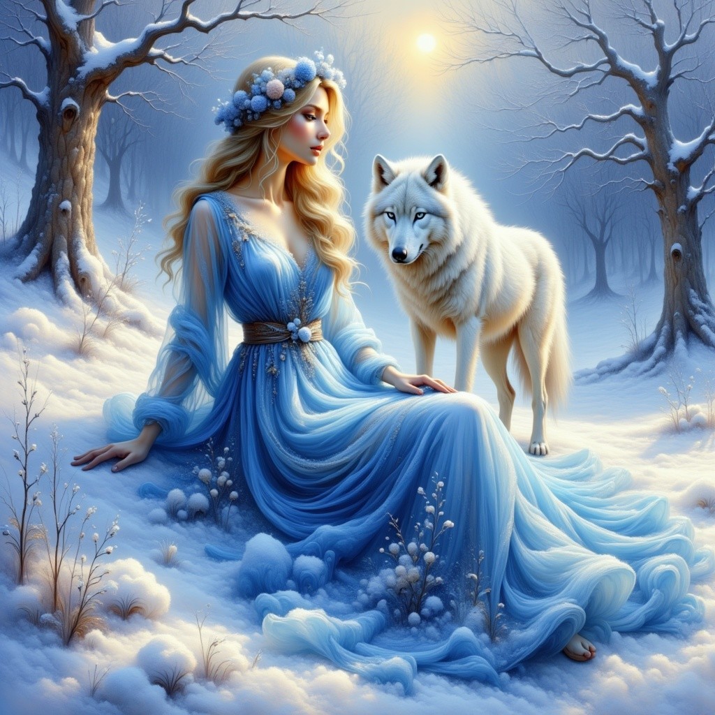 Young Woman in Blue Gown in Winter Wonderland Scene