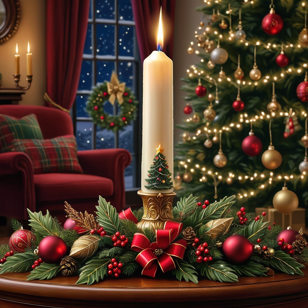 Holiday Scene with Candle, Tree, and Cozy Decor