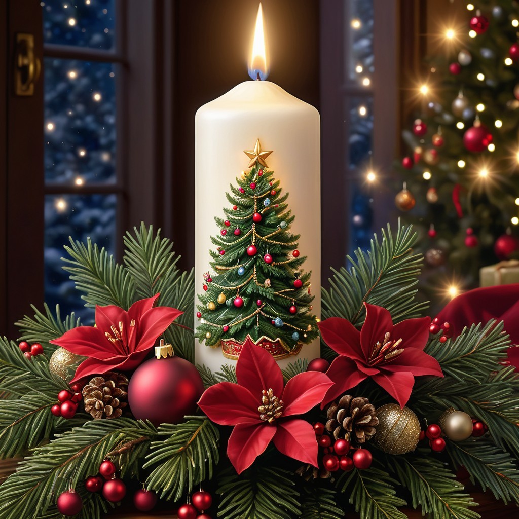 Holiday Centerpiece with Candle and Poinsettias