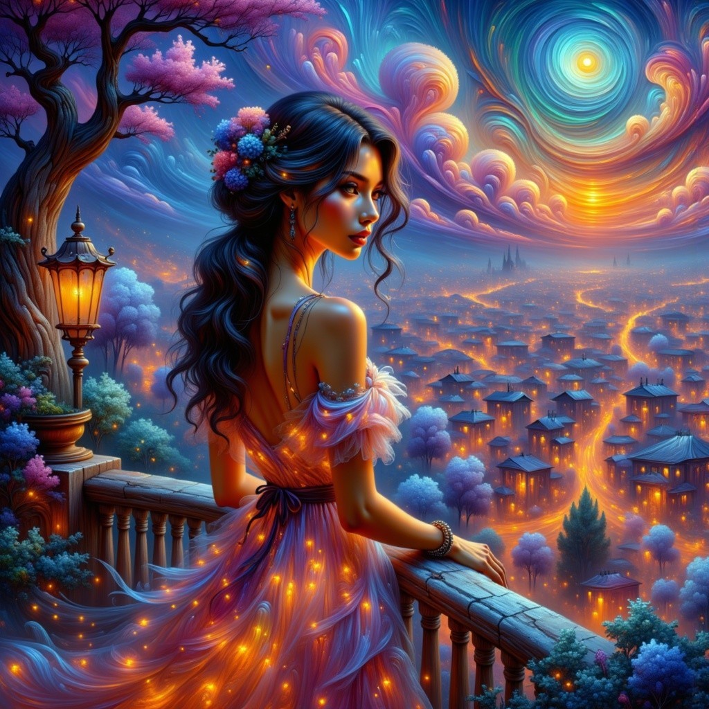 Young Woman on Balcony Overlooking City at Dusk