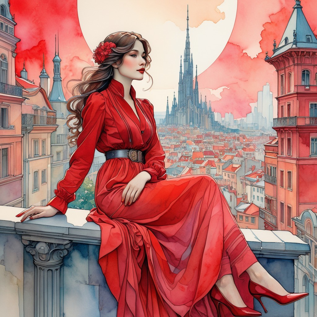 Woman in Red Dress Overlooking City at Sunset