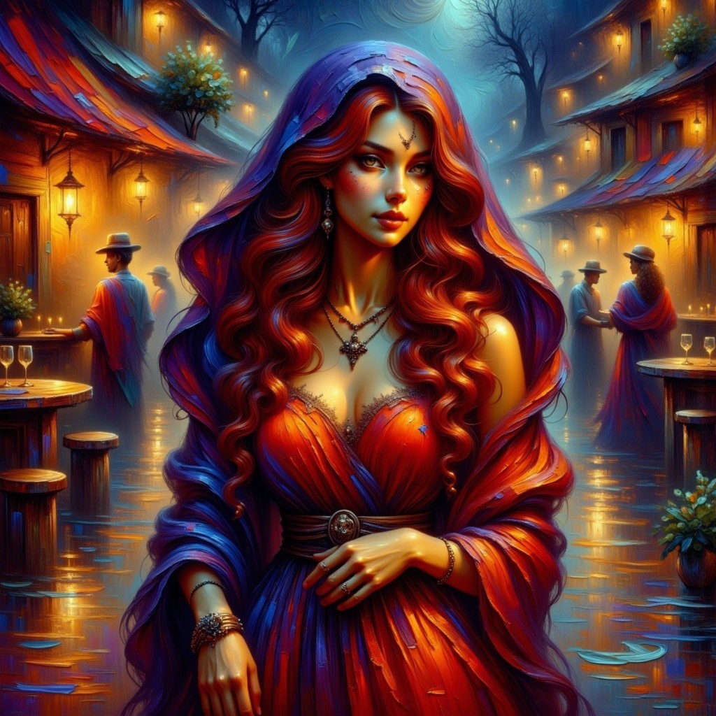 Twilight Scene of Woman in Red Dress and Lanterns