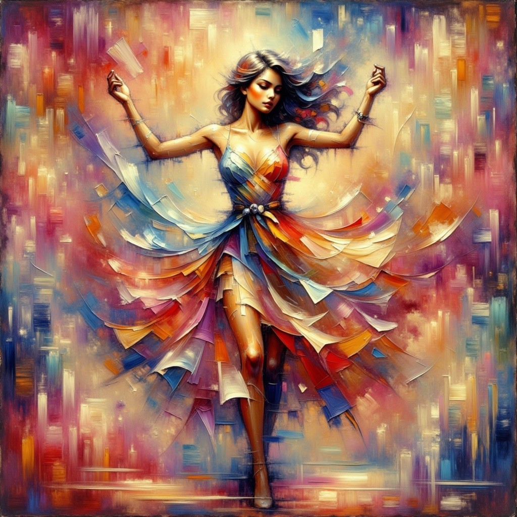 Dancing Woman in Multicolored Geometric Dress Painting