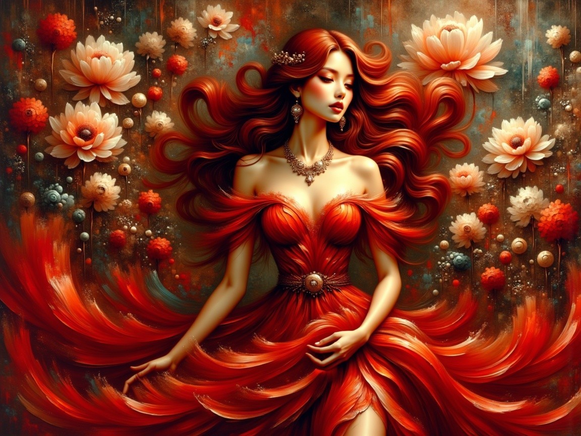 Elegant Figure in Red Gown Surrounded by Flowers
