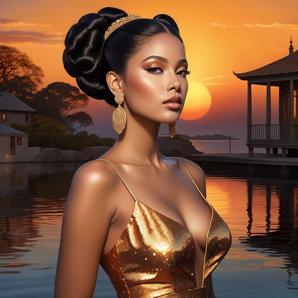 Elegant Woman in Gold Gown at Sunset Scene
