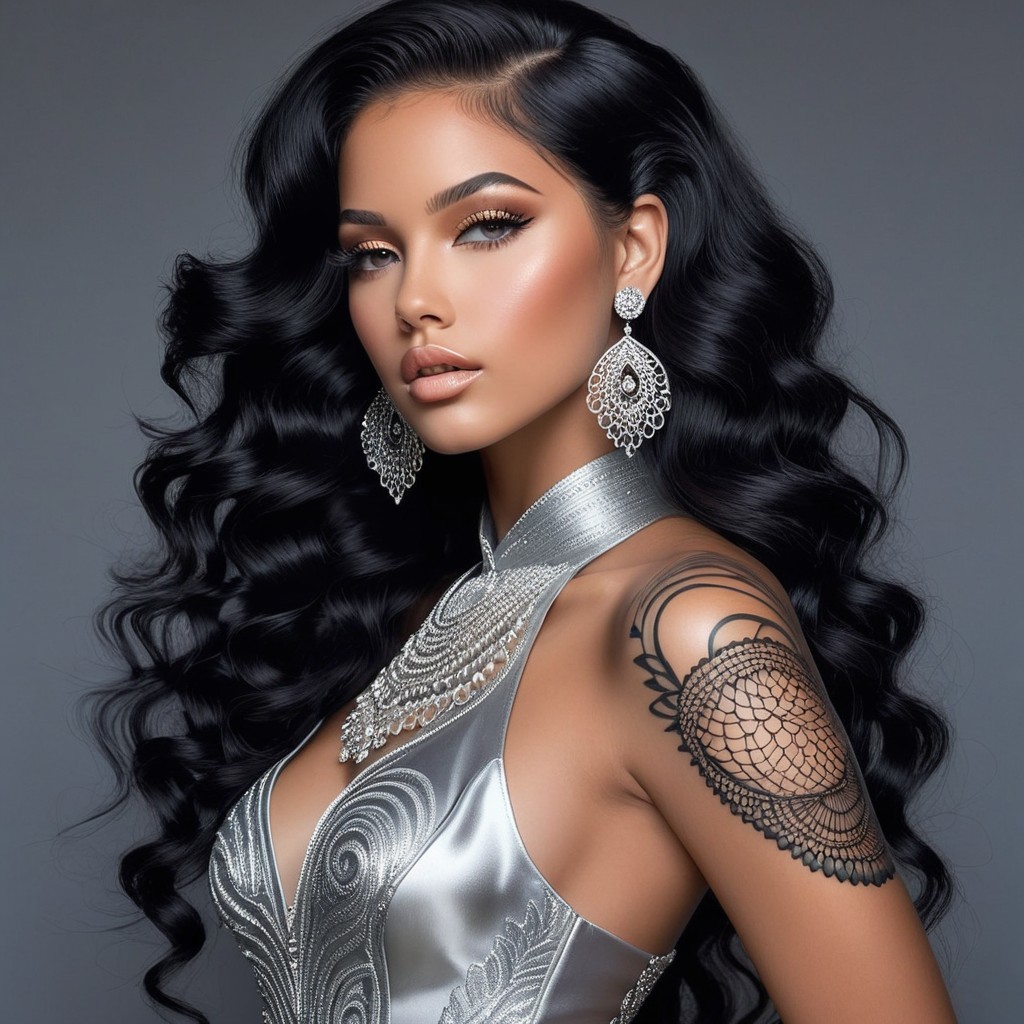 Portrait of a woman in silver gown with black hair