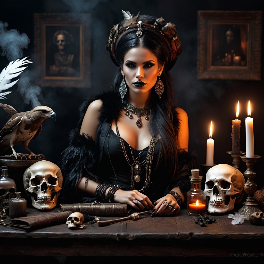 Mystical Scene with Darkly Dressed Woman and Candles