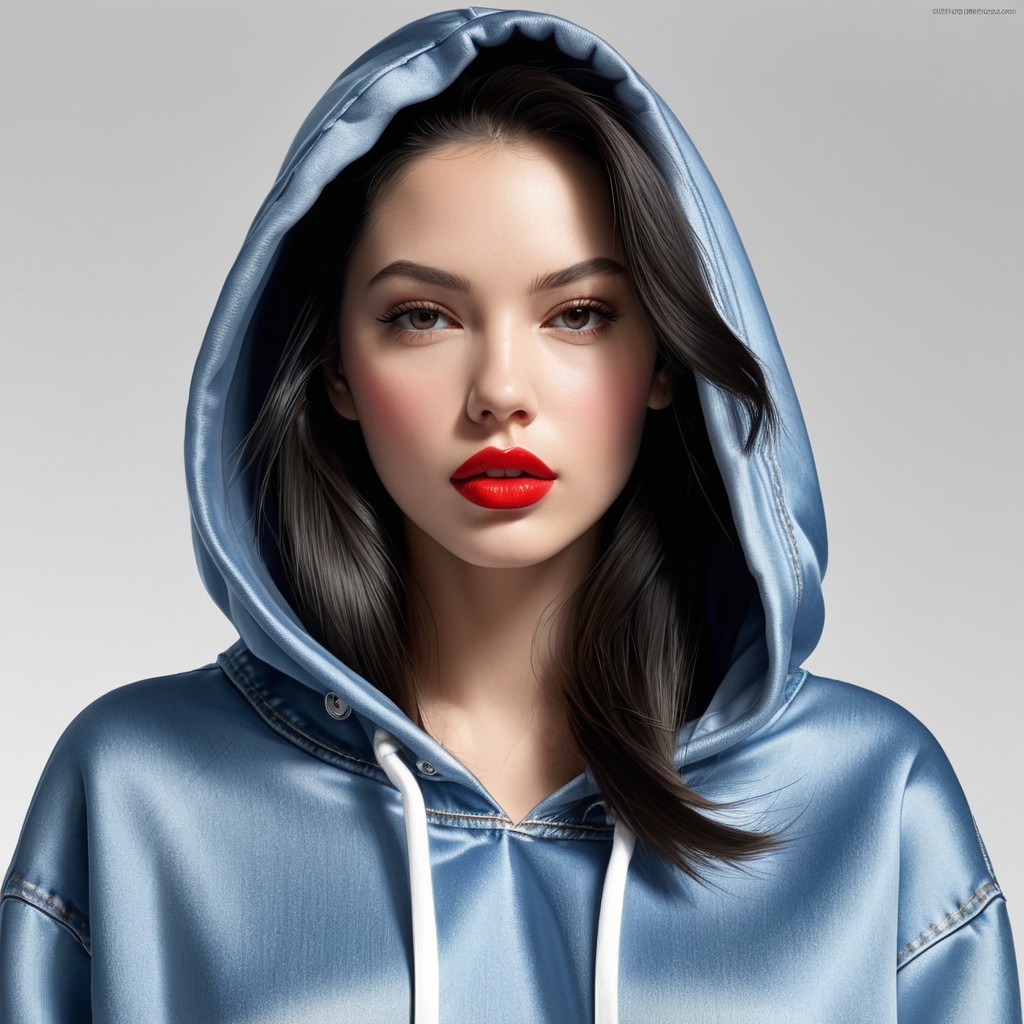 Young woman in light blue hoodie with striking features