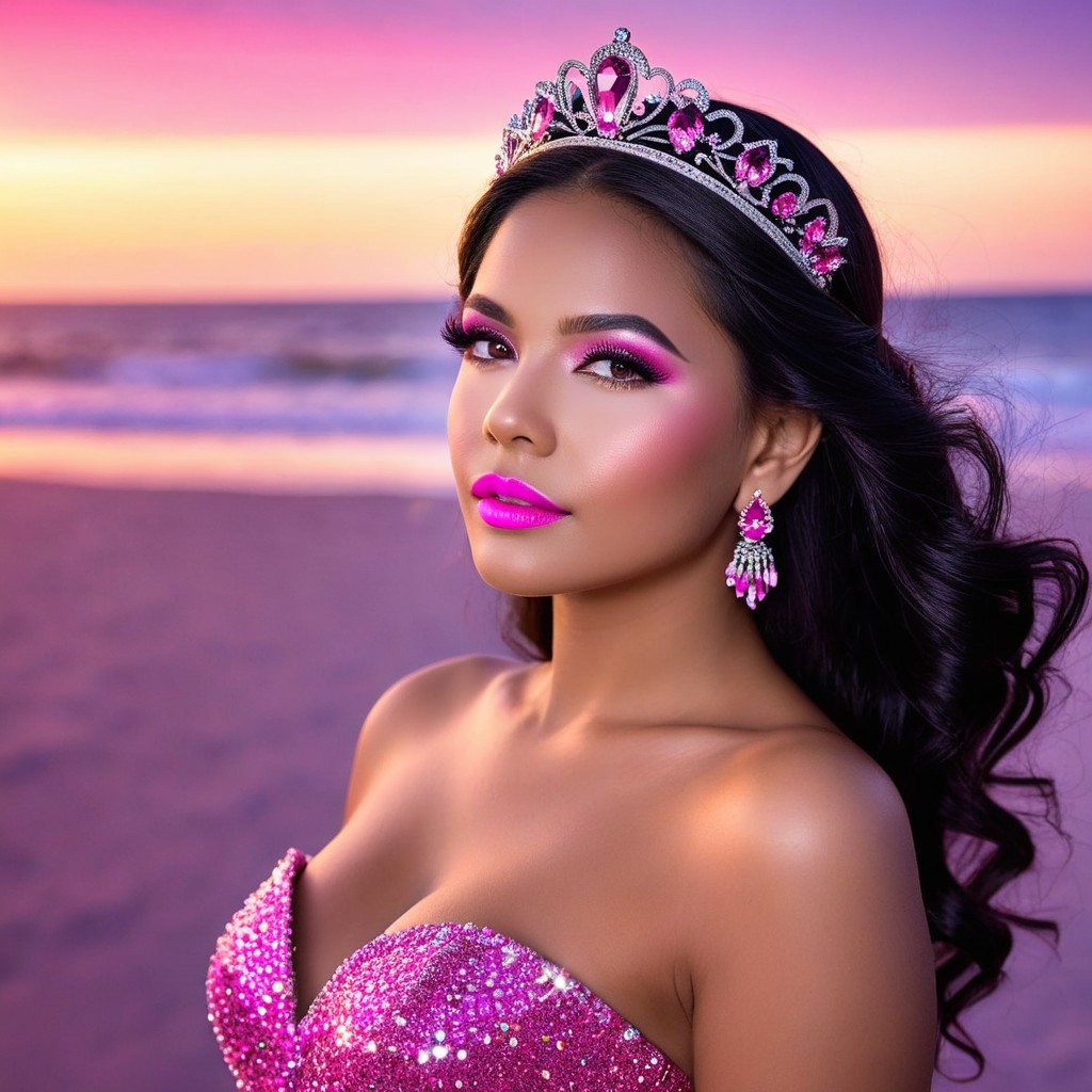Elegant Beach Sunset Pose in Sparkling Pink Gown