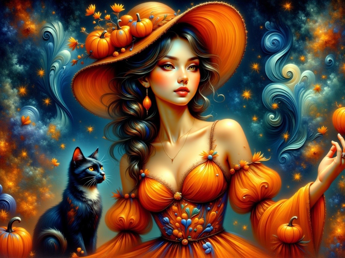 Enchanting Autumn Scene with Pumpkin Dress and Cat
