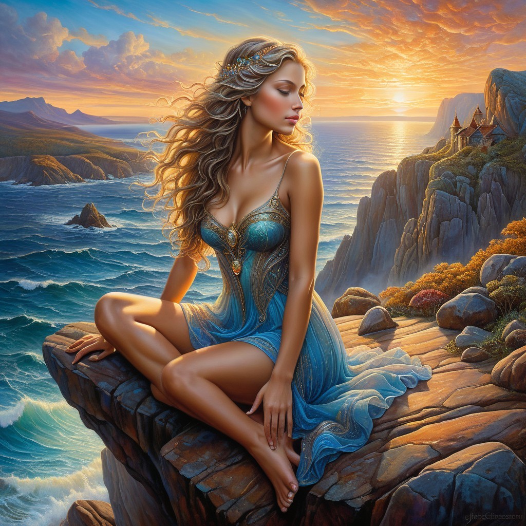 Woman in Blue Gown at Sunset by the Ocean