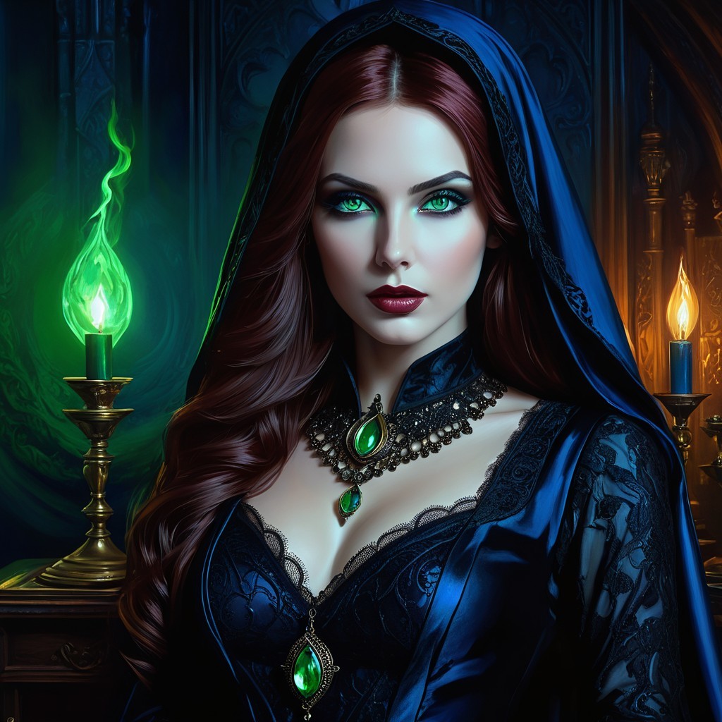 Mysterious Figure in Blue Cloak with Green Eyes