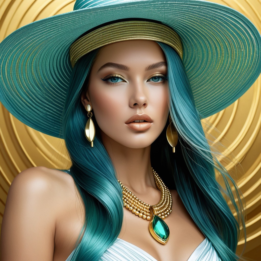 Portrait of a woman with turquoise hair and gold accents