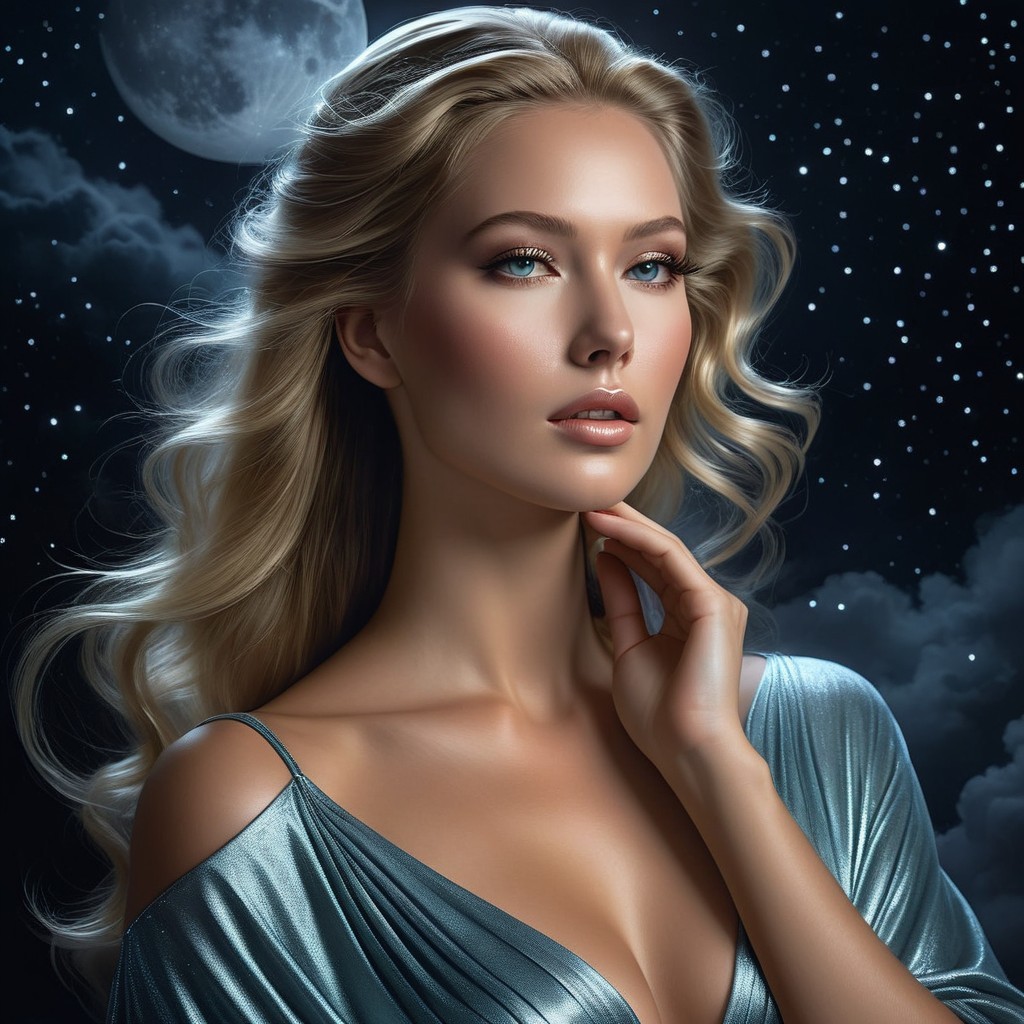 Portrait of a woman in a silver gown under stars