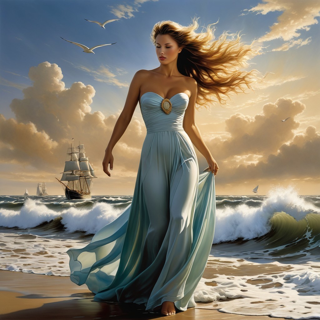 Woman in Aqua Dress on Sunlit Beach at Sunset
