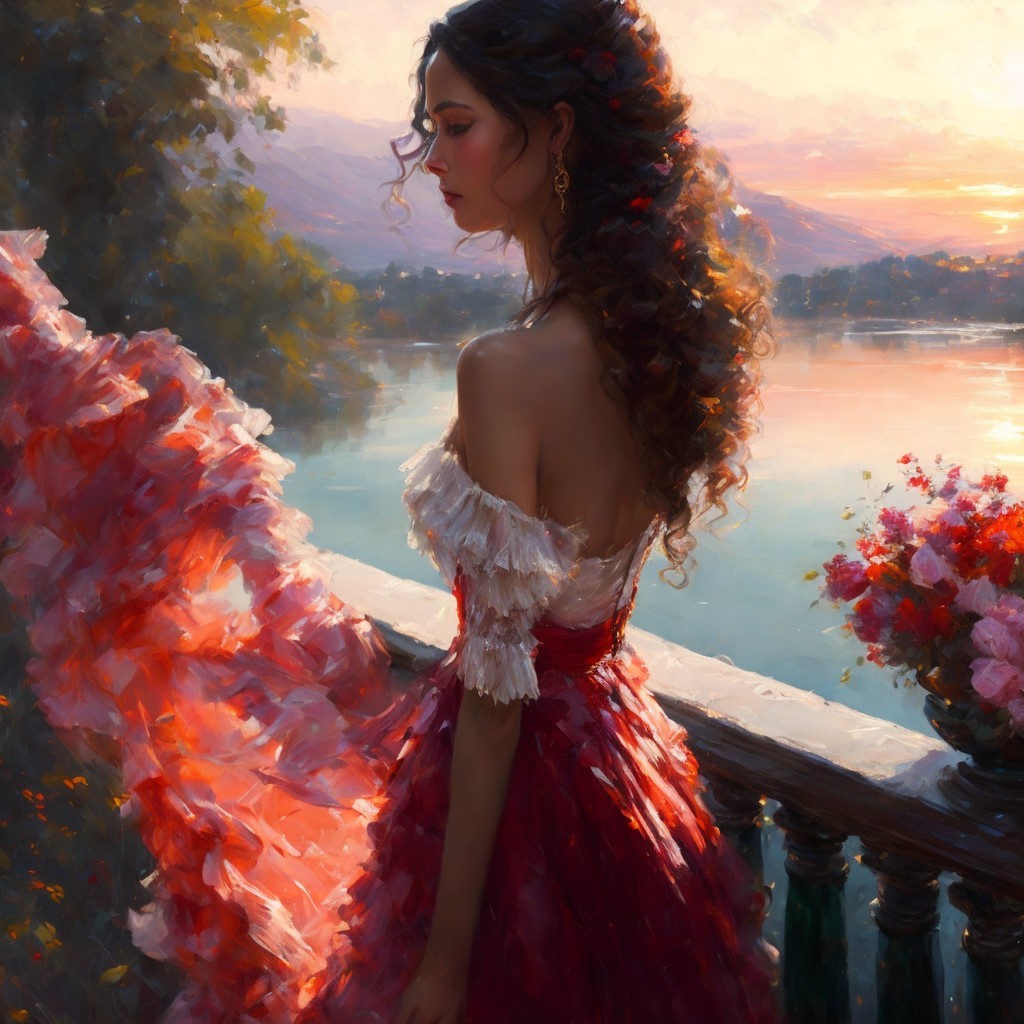 Young Woman in Red Dress by Tranquil Lake at Sunset