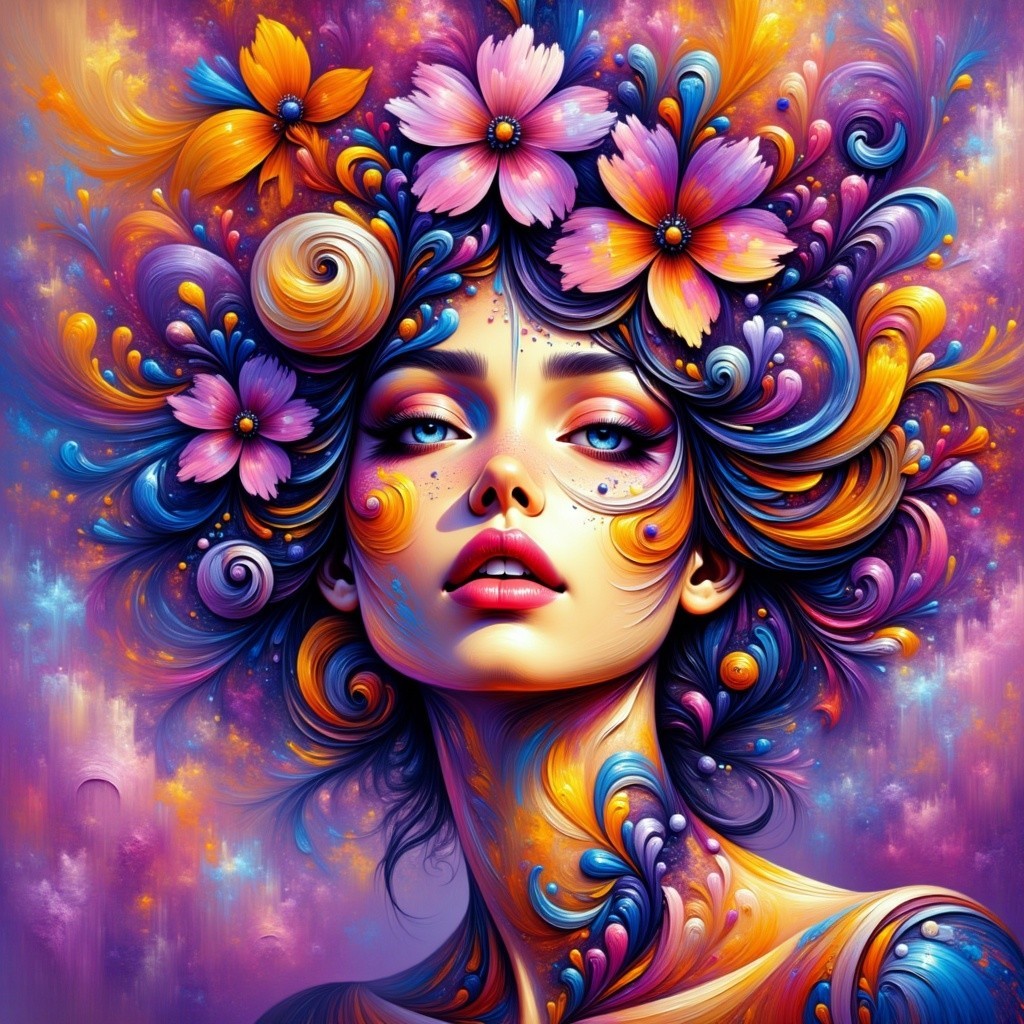 Whimsical Portrait of a Woman with Colorful Hairstyle