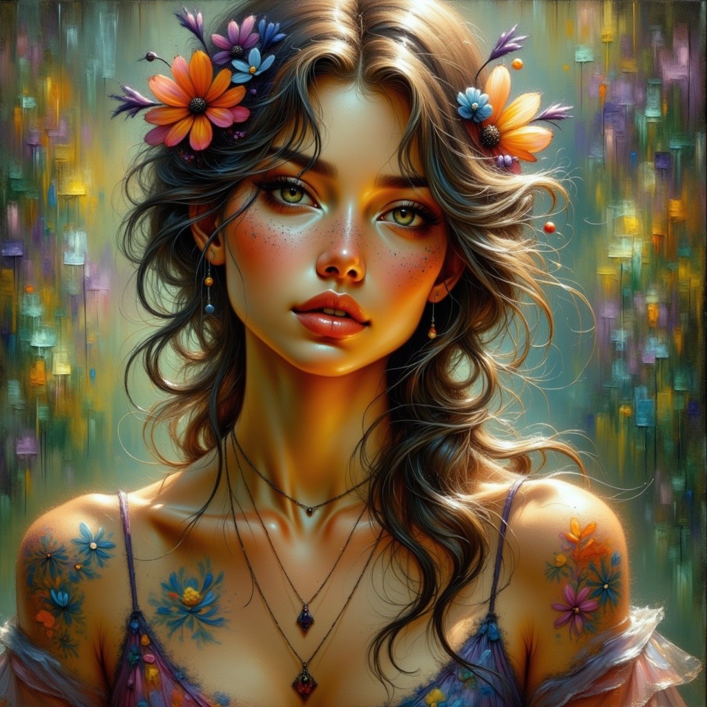 Portrait of a Young Woman with Floral Accents and Tattoos