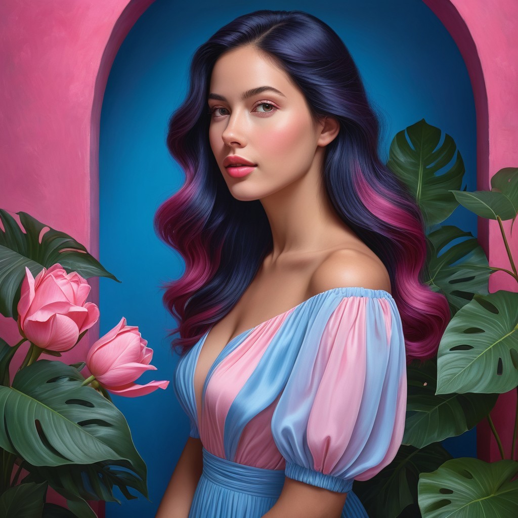 Young woman in vibrant blue with pink lotus flowers