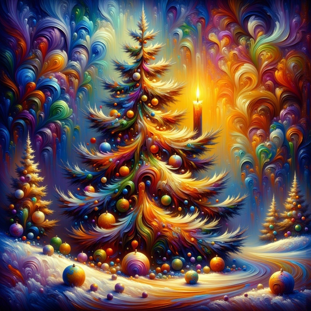 Vibrant Christmas Tree in Whimsical Winter Scene
