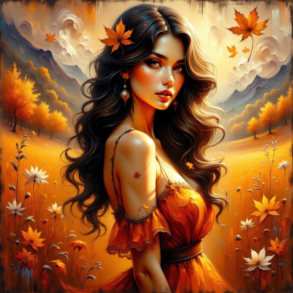 Young Woman in Vibrant Autumn Landscape with Flowers