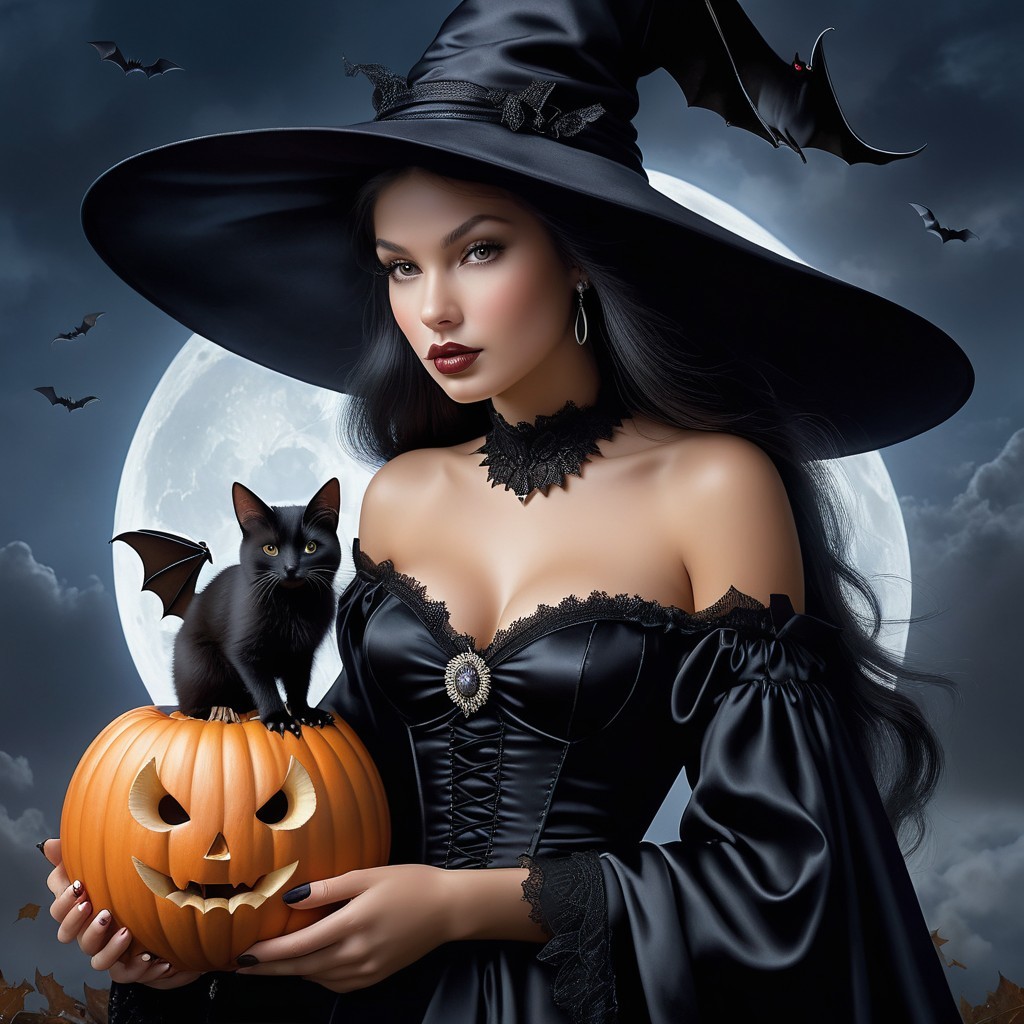 Witch in Moonlit Scene with Cat and Pumpkin
