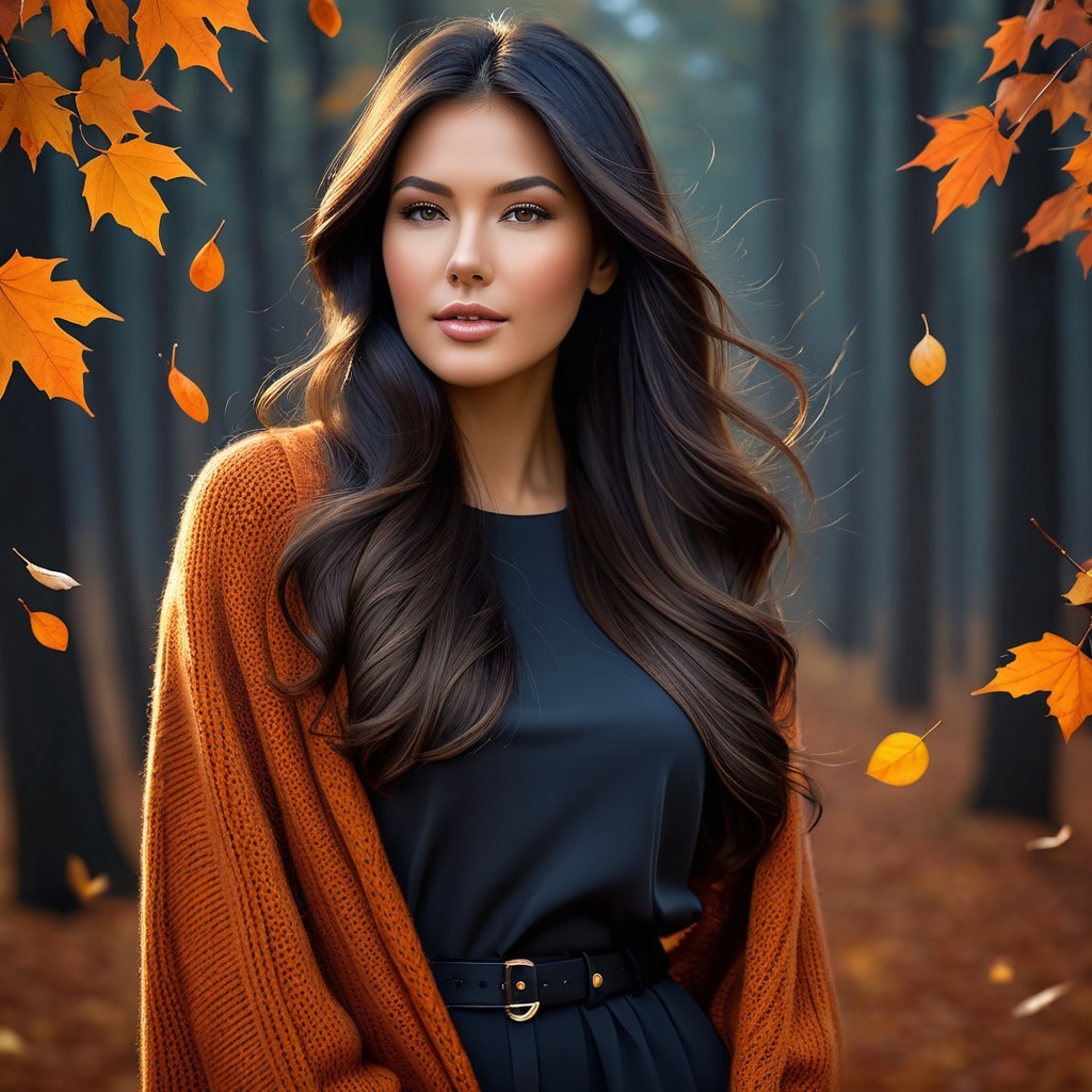 Woman in oversized sweater in autumn forest setting