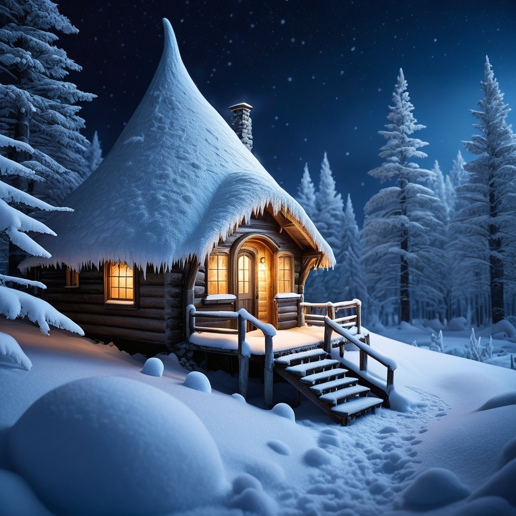 Log Cabin in a Snowy Winter Landscape at Night