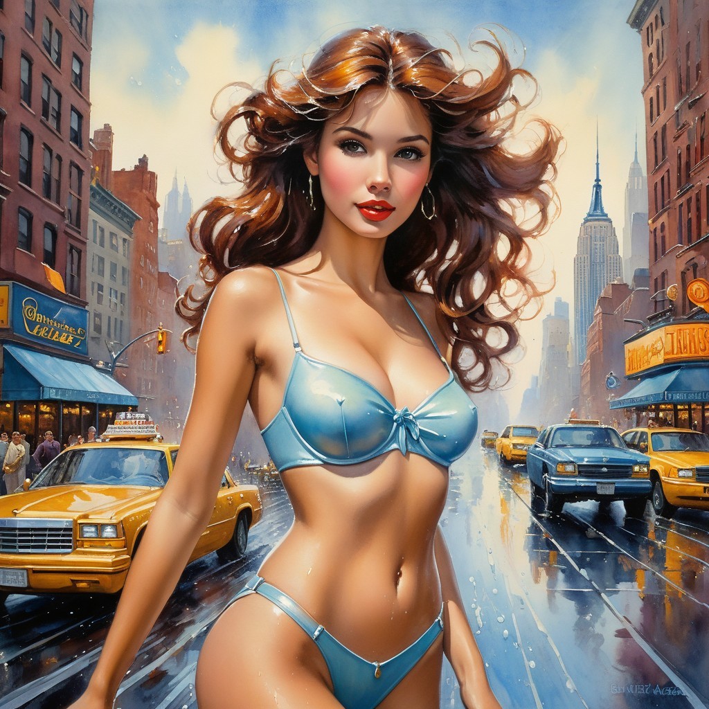 Young Woman in Blue Bikini in Urban City Scene