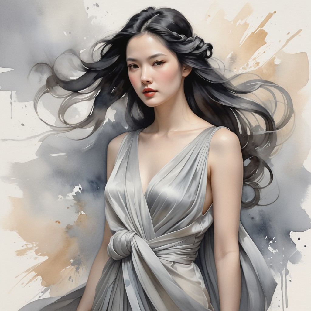 Young woman in silver gown with elegant backdrop