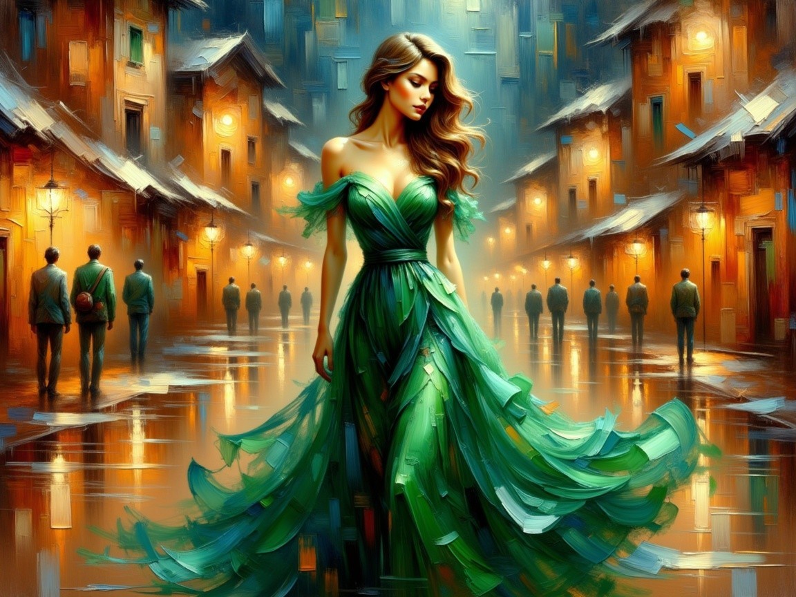 Vibrant digital painting of a woman in a green dress