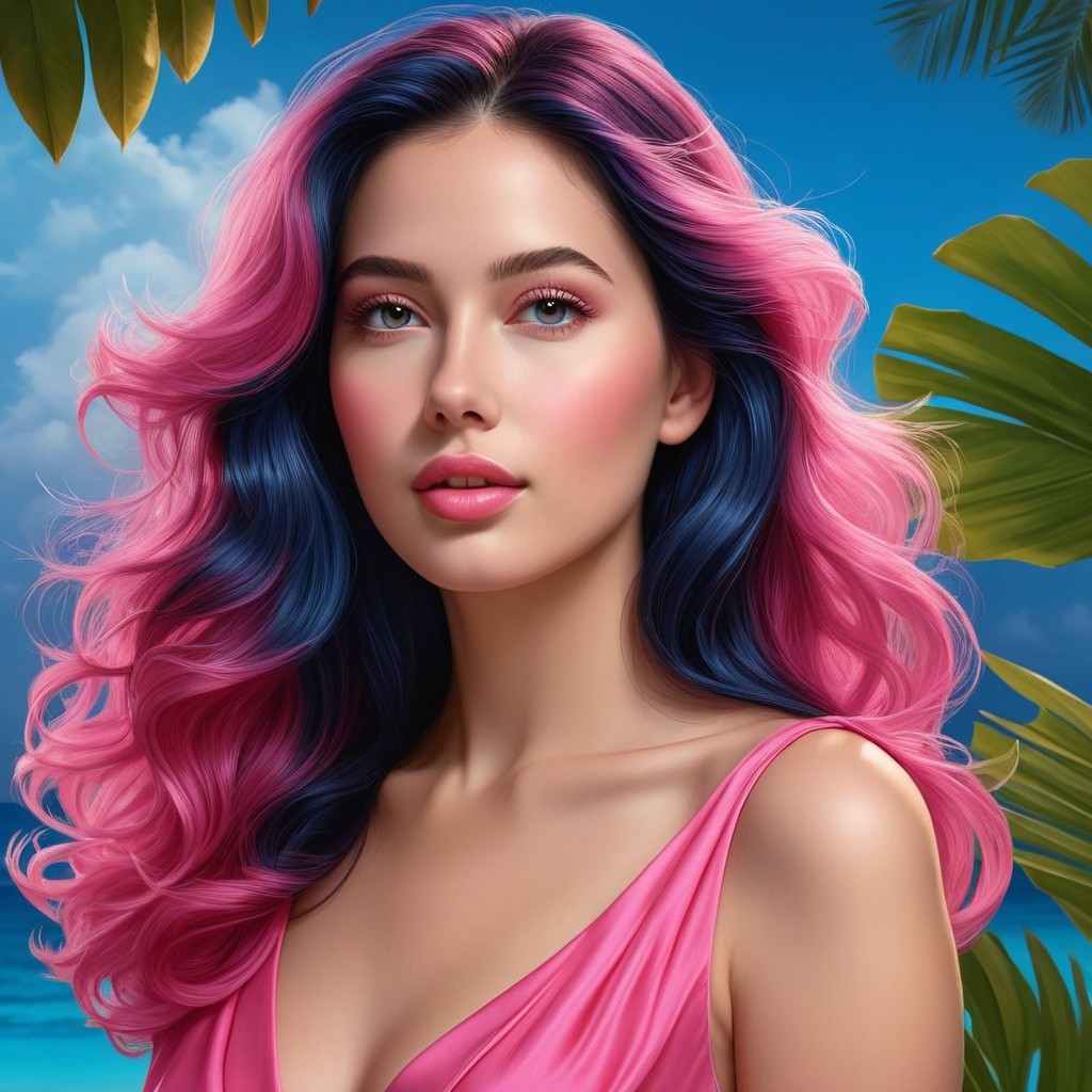 Young woman with colorful hair in tropical setting