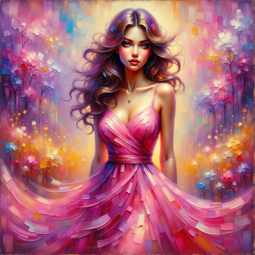 Graceful woman in pink dress amid vibrant scenery