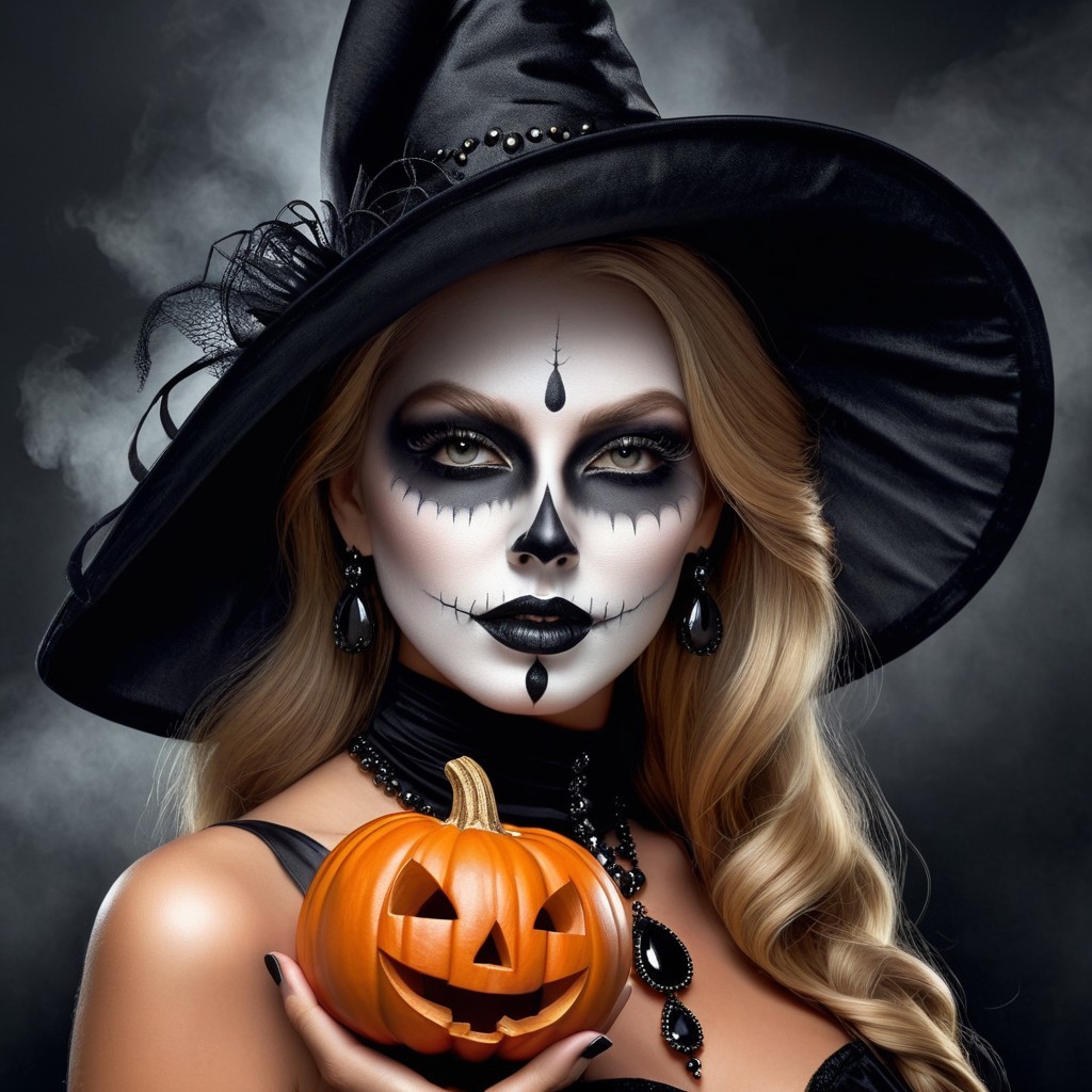 Elegant Witch with Pumpkin in Smoky Halloween Scene