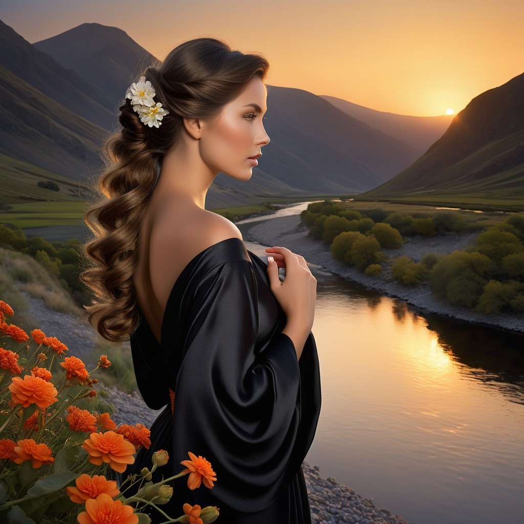 Serene sunset landscape with a young woman by a river