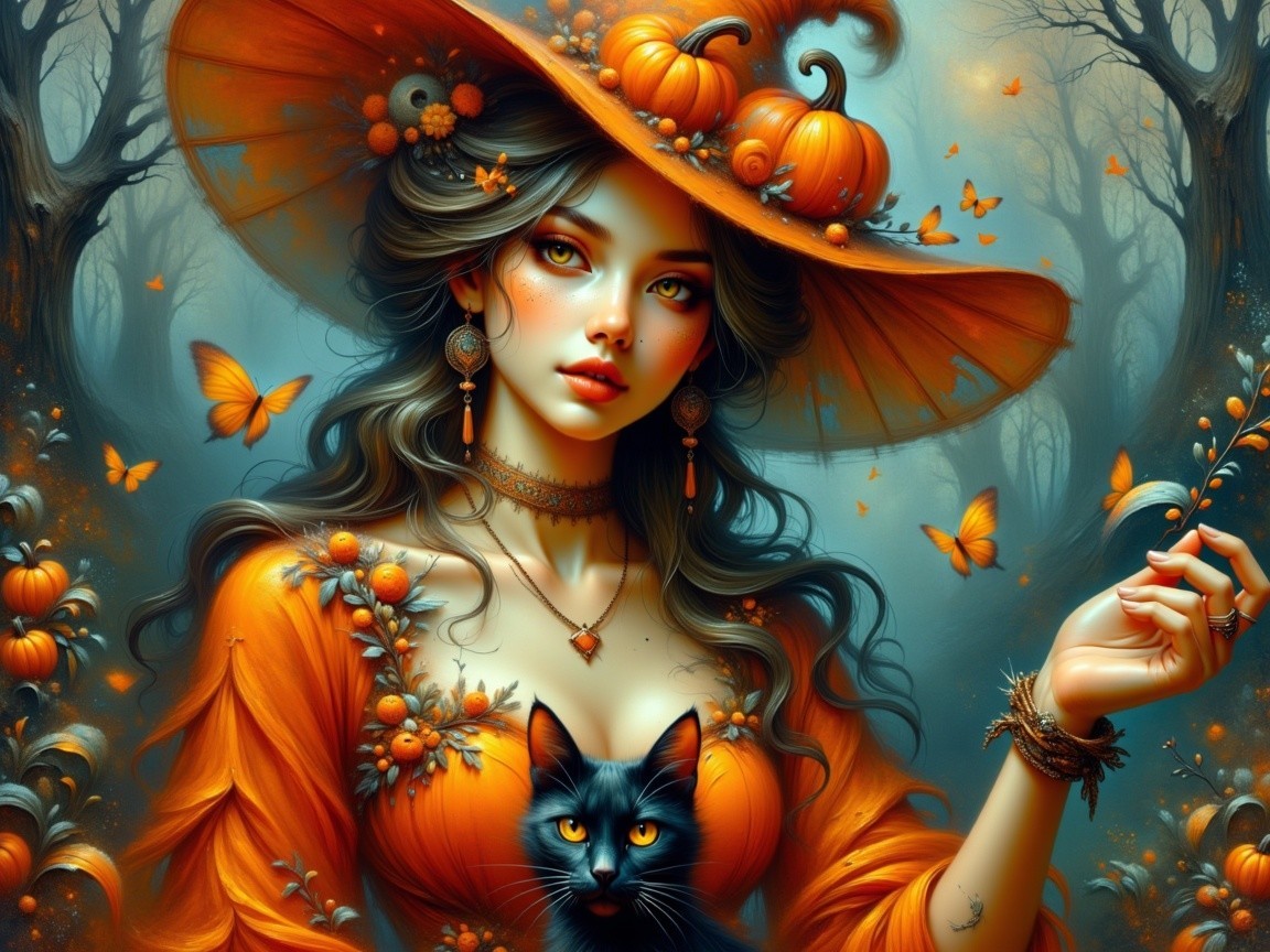 Mystical Woman in Orange Dress in Enchanted Forest