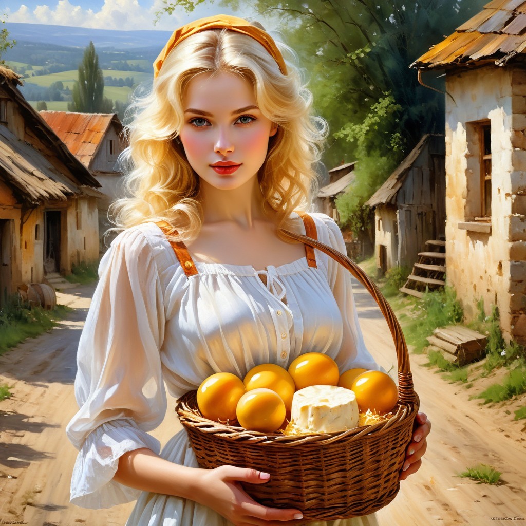 Young Woman with Basket in Rustic Village Setting