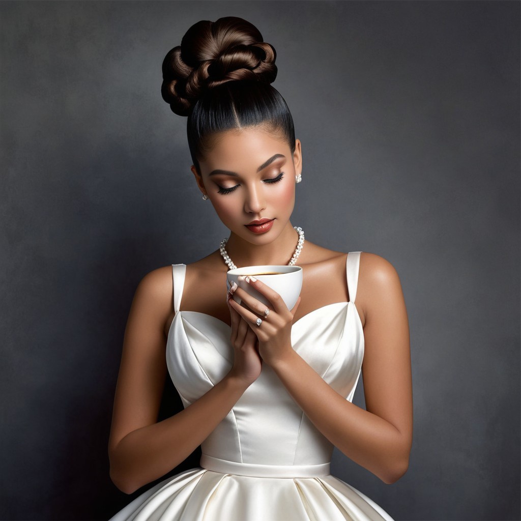 Elegant woman in white gown with teacup and pearls