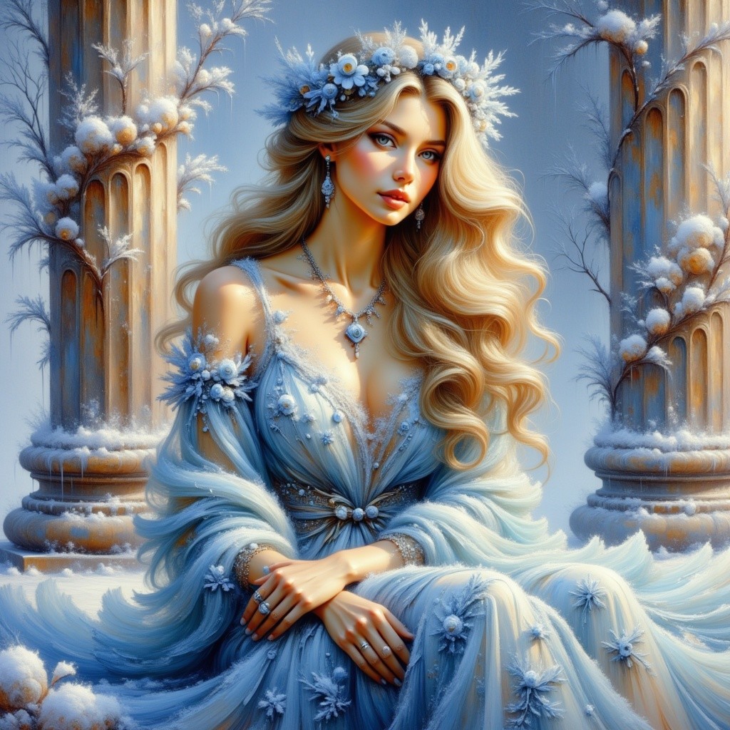 Young Woman in Icy Blue Gown Among Stone Pillars