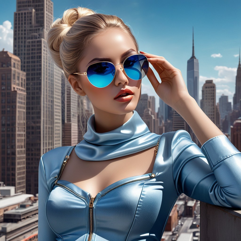 Fashionable woman in metallic blue outfit on rooftop